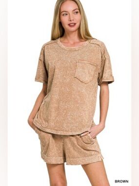 Zenana Snow Washed Top & Shorts Set Brown Exposed Seam Lounge Set S M L🛍️